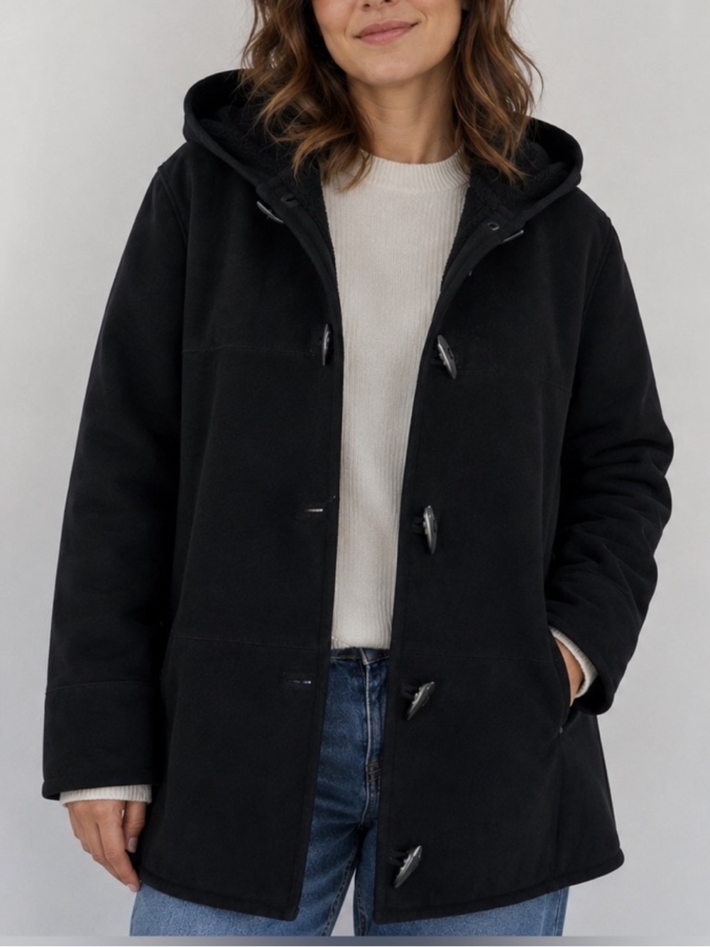 Lauren Ralph Lauren Black Hooded Toggle Coat Sherpa Lined Faux Suede MP